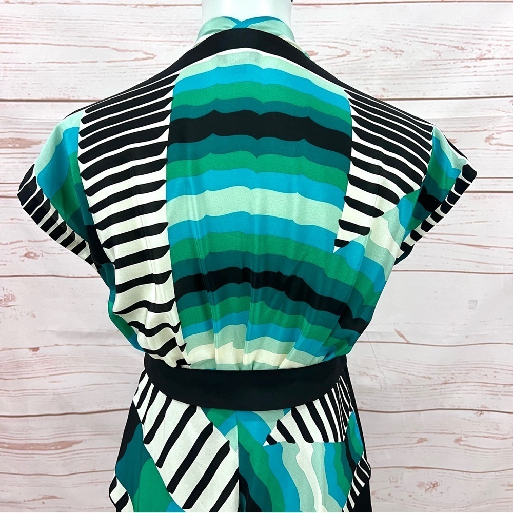Anna Sui Silk Teal Serape Striped Dolman Sleeve Geometric Peplum Dress - Picture 6 of 11